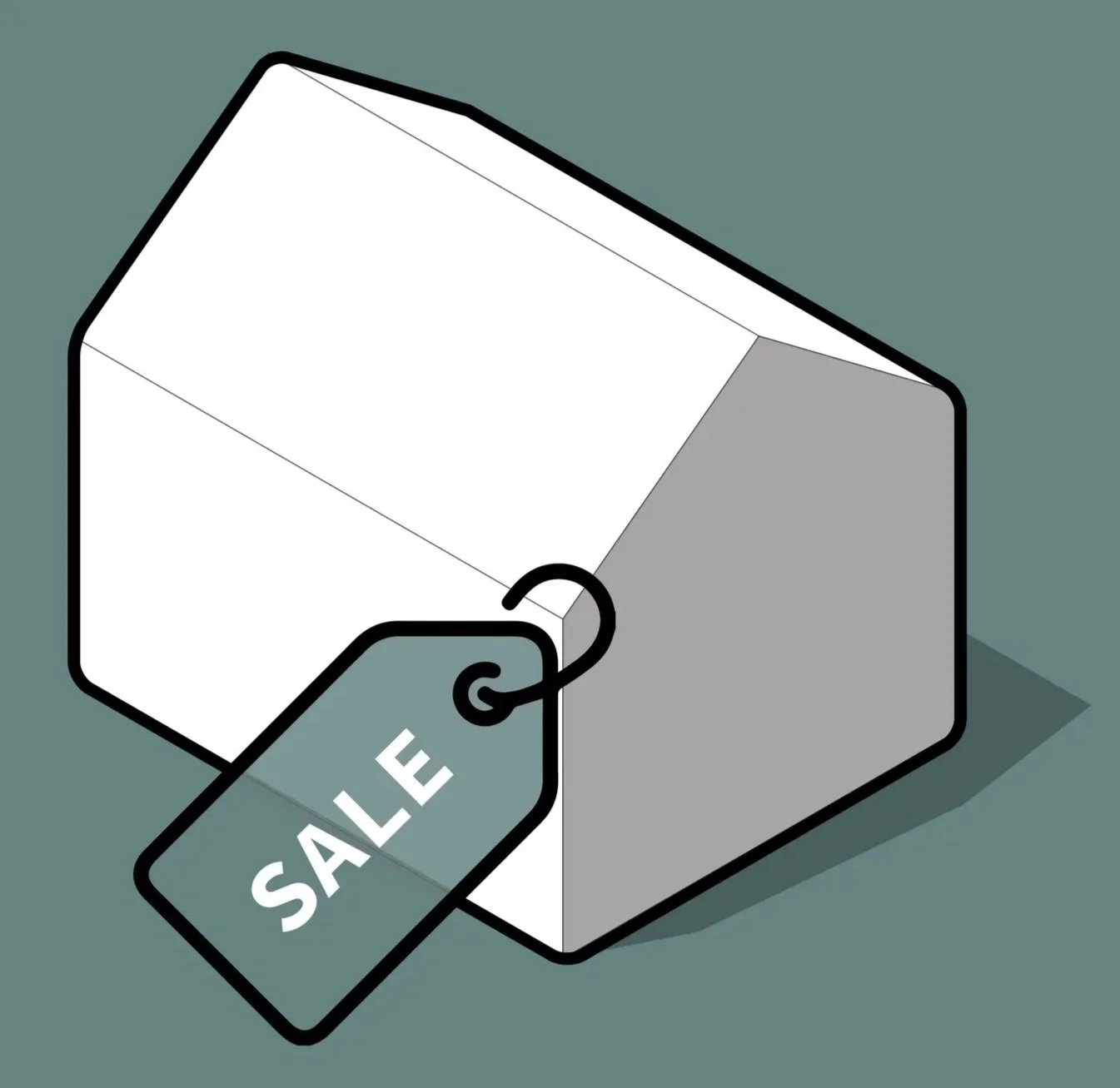 Illustration of a white and grey cube with a sale tag attached.