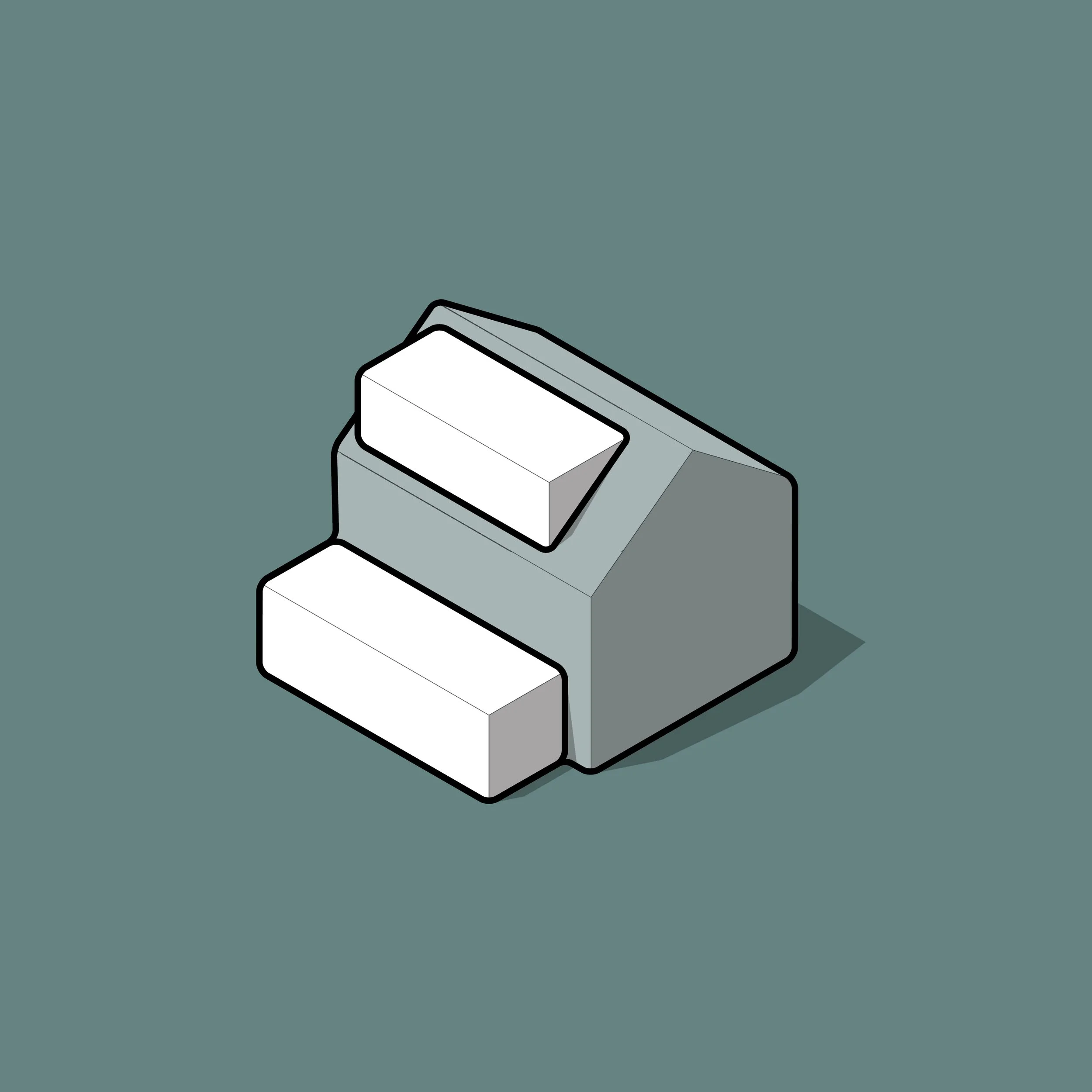 A stylized illustration of a gray and white toaster with two slots, placed on a teal background.