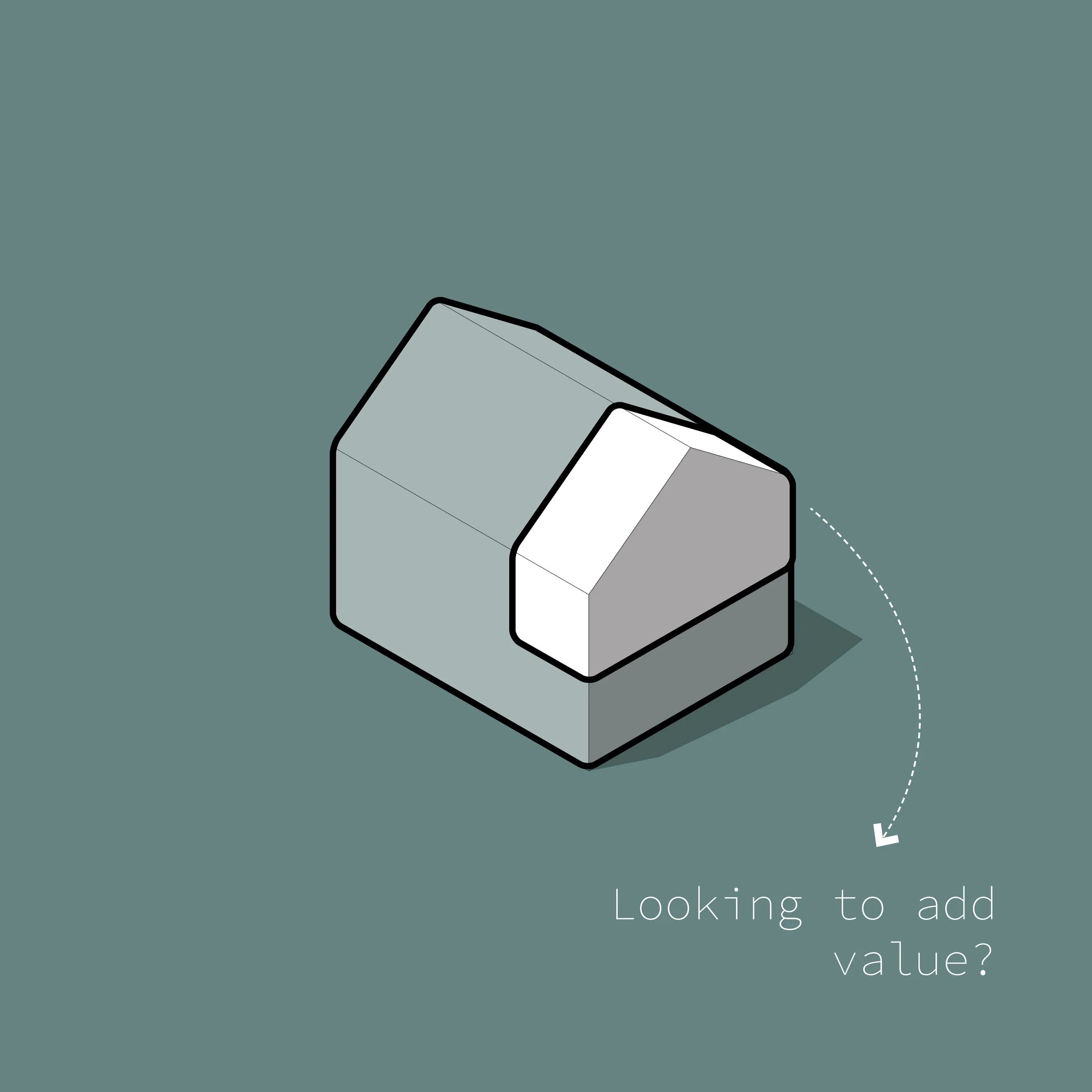 A 3D illustration of a geometric shape with an arrow pointing to the side, accompanied by the text 'Looking to add value?'