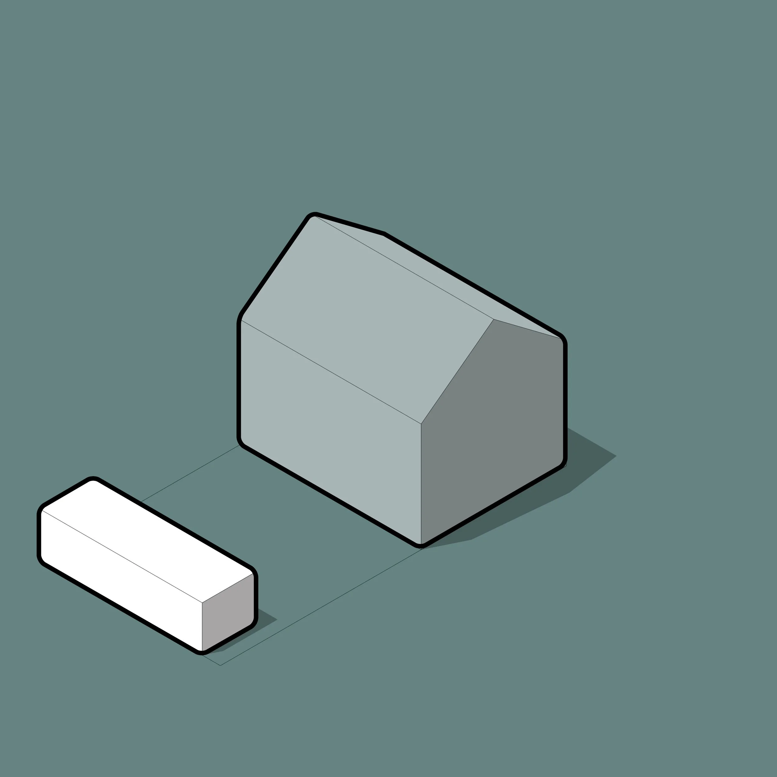 Isometric illustration of a white rectangular prism and a gray house-shaped object on a teal background.