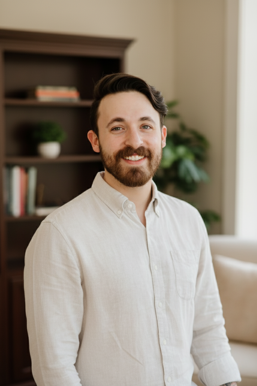 A young man with a beard and dark hair, smiling, wearing a light-colored button-up shirt, standing in a room with a bookshelf and green plants in the background.