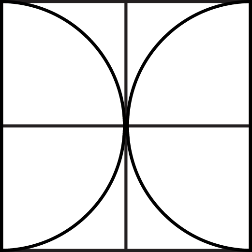 Geometric drawing of an outline square with sections divided by vertical, horizontal, and circle lines.