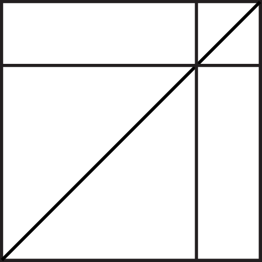 Geometric drawing of an outline square with sections divided by vertical, horizontal, and diagonal lines.