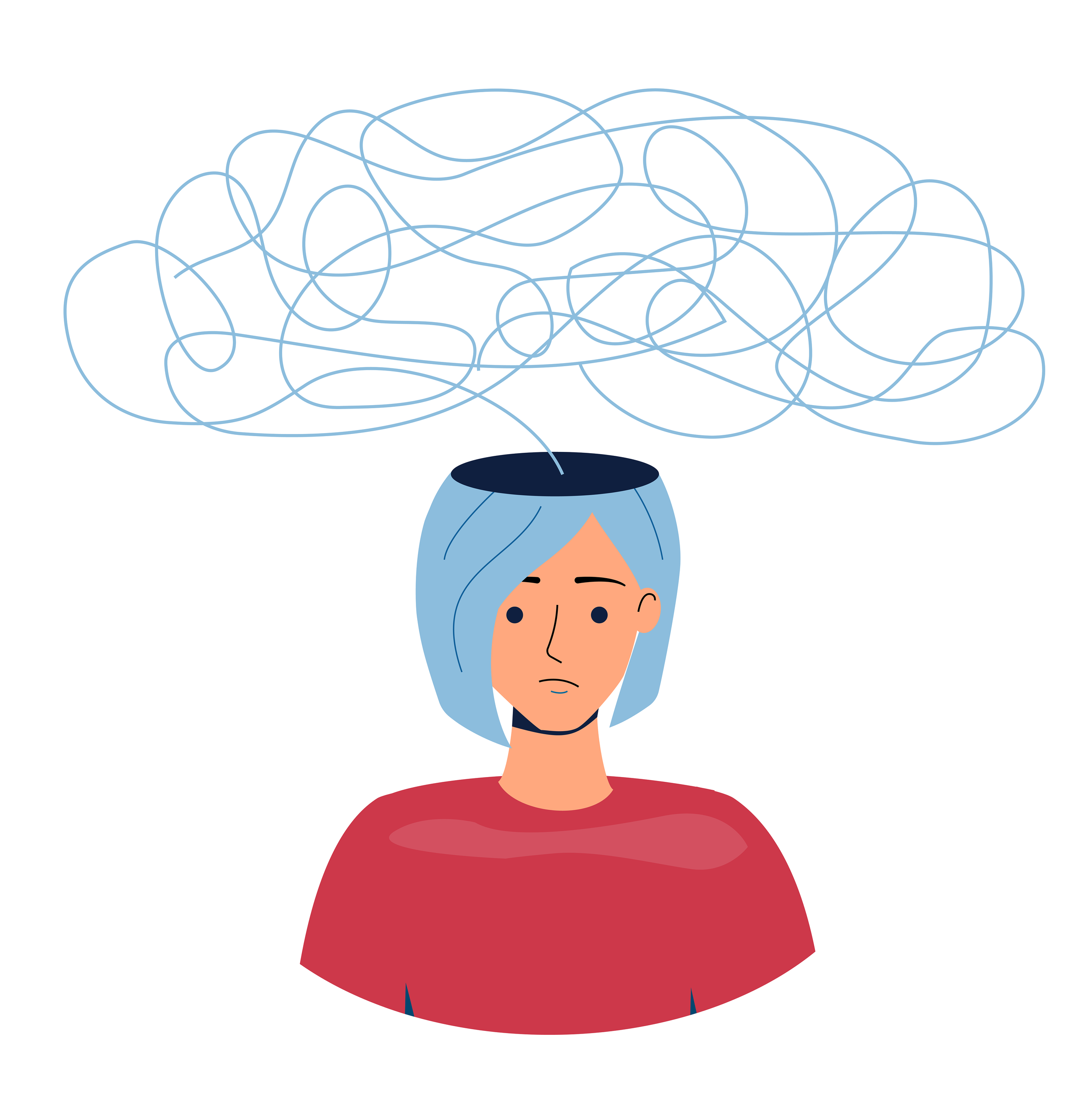 Illustration of a woman with blue hair and a red shirt, with a dark hole in her head from which a tangled scribble representing a chaotic thought cloud emerges.
