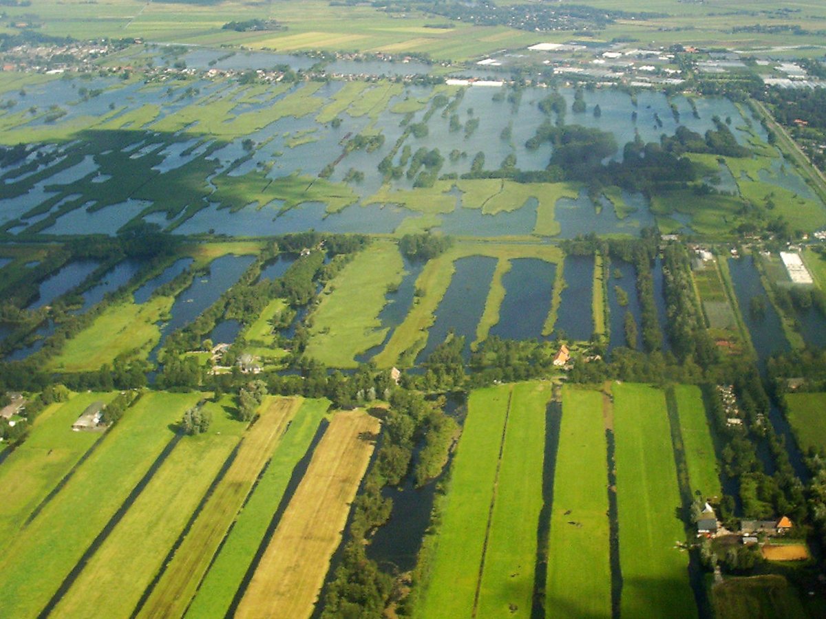 Luchtfoto van een landschap met veel waterwegen, weilanden en enkele huizen.