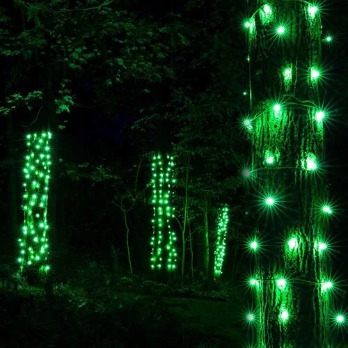 Close-up of the green tree wrap Christmas lights option available for exterior christmas light decoration from Neon Noel LLC in Paris, Texas