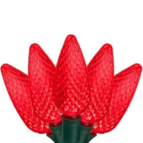 Close-up of the red c9 LED christmas lights option available for exterior christmas light decoration from Neon Noel LLC in Northeast Texas