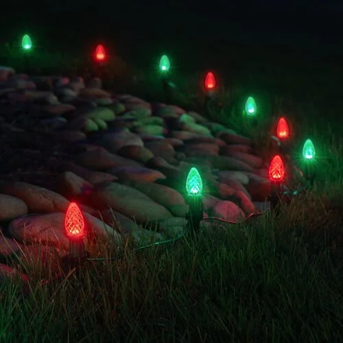 Close-up of the red and green pathway Christmas lights option available for exterior christmas light decoration from Neon Noel LLC in Paris, Texas
