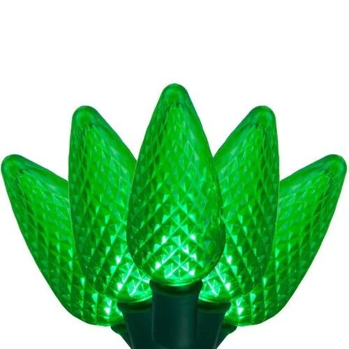 Close-up of the green c9 LED christmas lights option available for exterior christmas light decoration from Neon Noel LLC in Northeast Texas