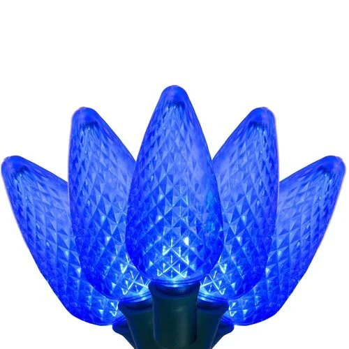 Close-up of the blue c9 LED christmas lights option available for exterior christmas light decoration from Neon Noel LLC in Northeast Texas