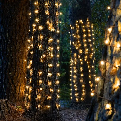 Close-up of the warm white tree wrap Christmas lights option available for exterior christmas light decoration from Neon Noel LLC in Paris, Texas