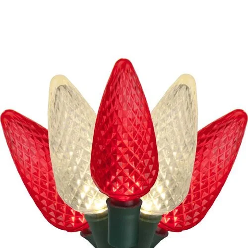 Close-up of the red and warm white c9 LED christmas lights option available for exterior christmas light decoration from Neon Noel LLC in Northeast Texas