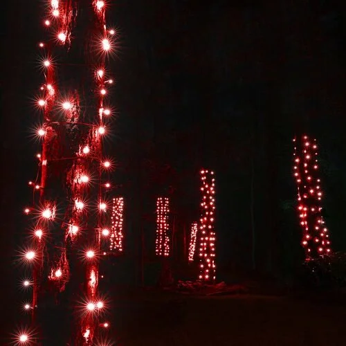 Close-up of the red tree wrap Christmas lights option available for exterior christmas light decoration from Neon Noel LLC in Paris, Texas