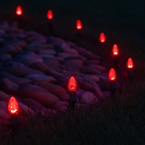Close-up of the red pathway Christmas lights option available for exterior christmas light decoration from Neon Noel LLC in Paris, Texas