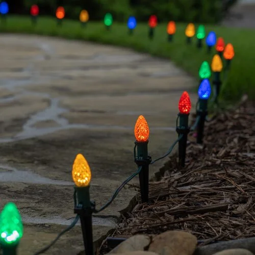 Close-up of the multicolor pathway Christmas lights option available for exterior christmas light decoration from Neon Noel LLC in Paris, Texas