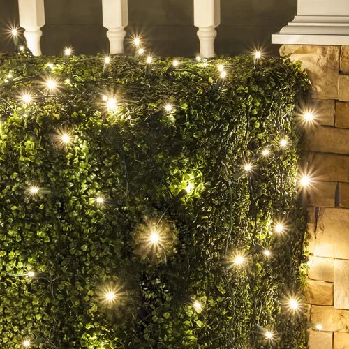 Close-up of the warm white bush net Christmas lights option available for exterior christmas light decoration from Neon Noel LLC in Paris, Texas