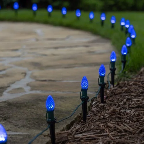 Close-up of the blue pathway Christmas lights option available for exterior christmas light decoration from Neon Noel LLC in Paris, Texas
