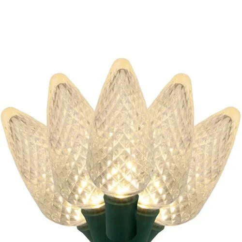 Close-up of the warm white c9 christmas lights option available for exterior christmas light decoration from Neon Noel LLC in Northeast Texas