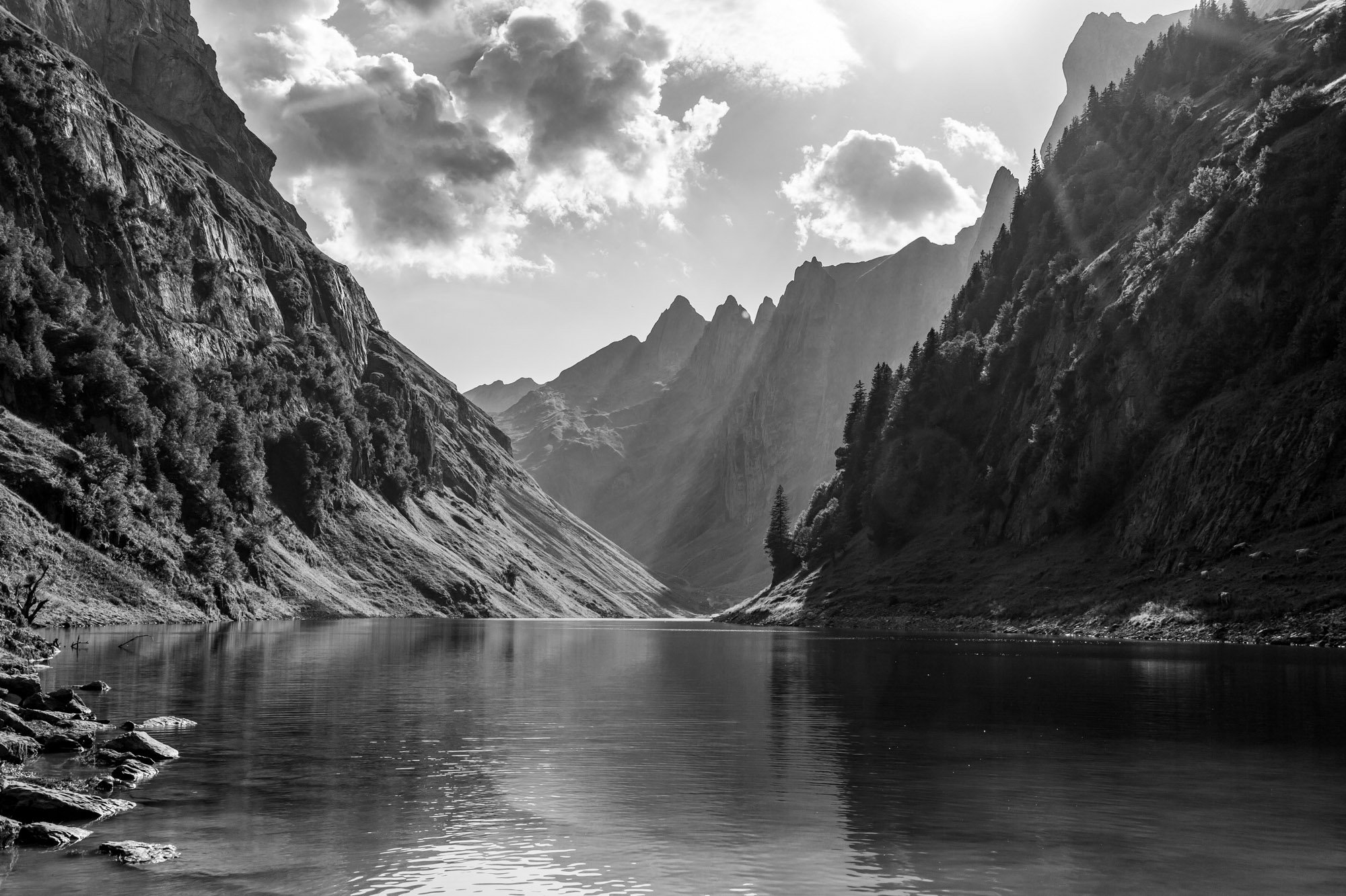 Fine art print photography for modern living room wall decor in Zürich.. Black and white photo of a mountain landscape with steep cliffs, a river in the foreground, and trees on the hillsides under a cloudy sky.