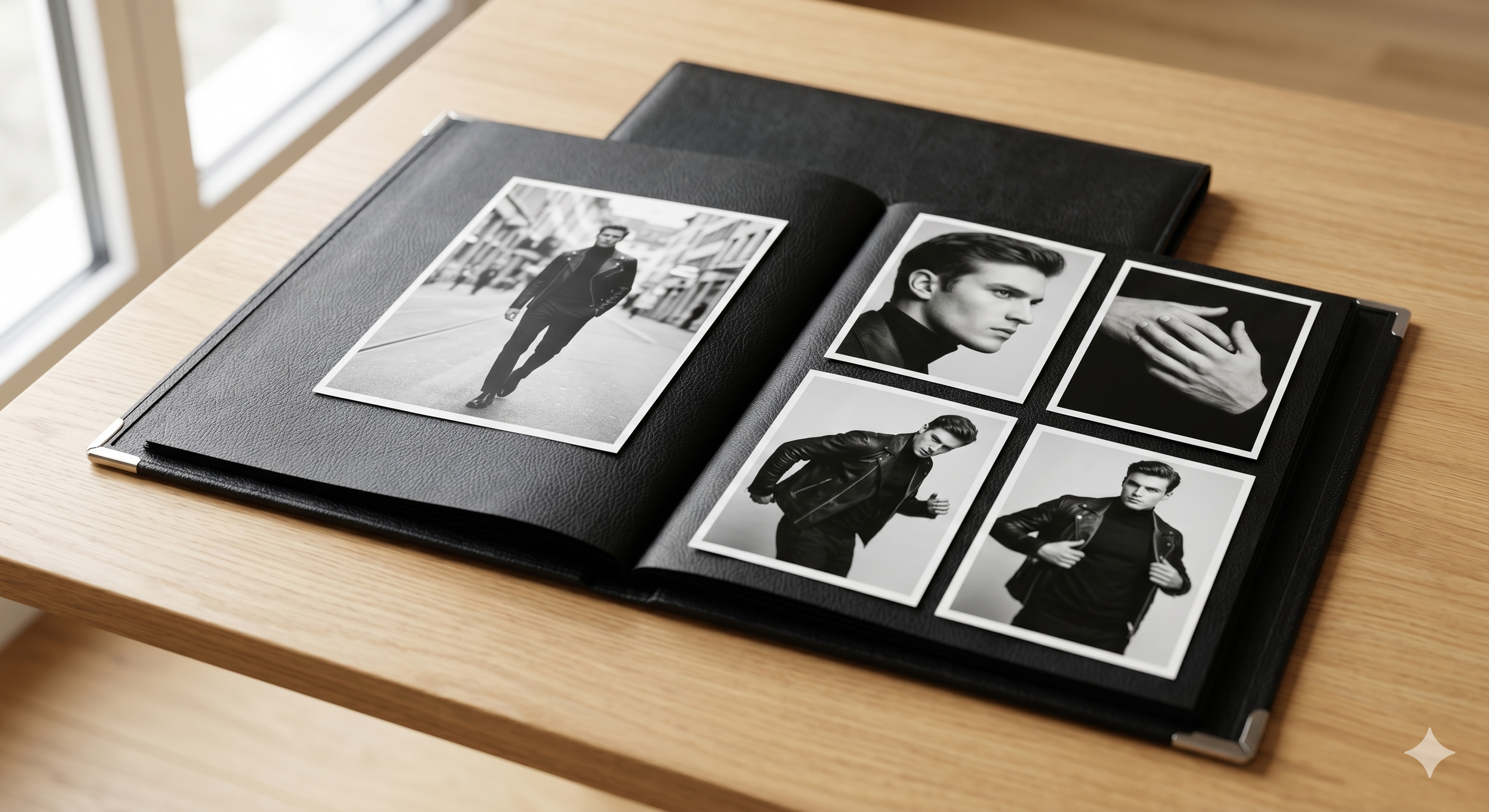 Open photo album with black and white photographs of a male model in various poses, placed on a wooden table near a window.