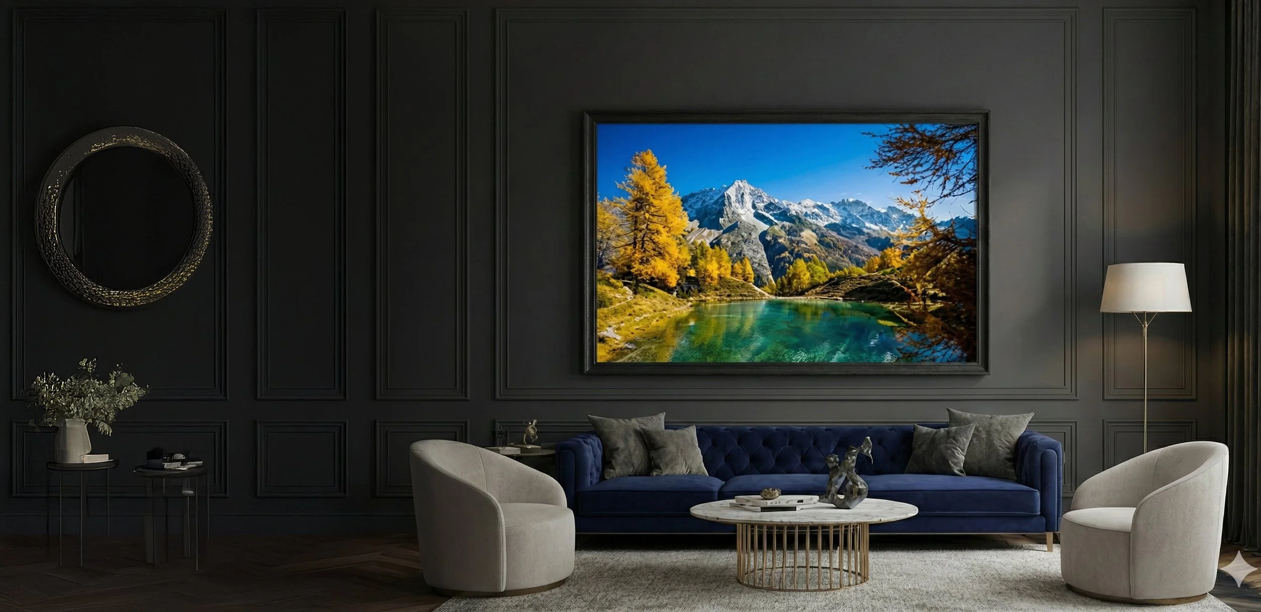 Living room with dark gray paneled walls, a large framed landscape painting of mountains, trees, and a lake, a blue velvet sofa, white armchair, small round coffee table with decorative sculptures, white floor lamp, and side table with flower vase and books.