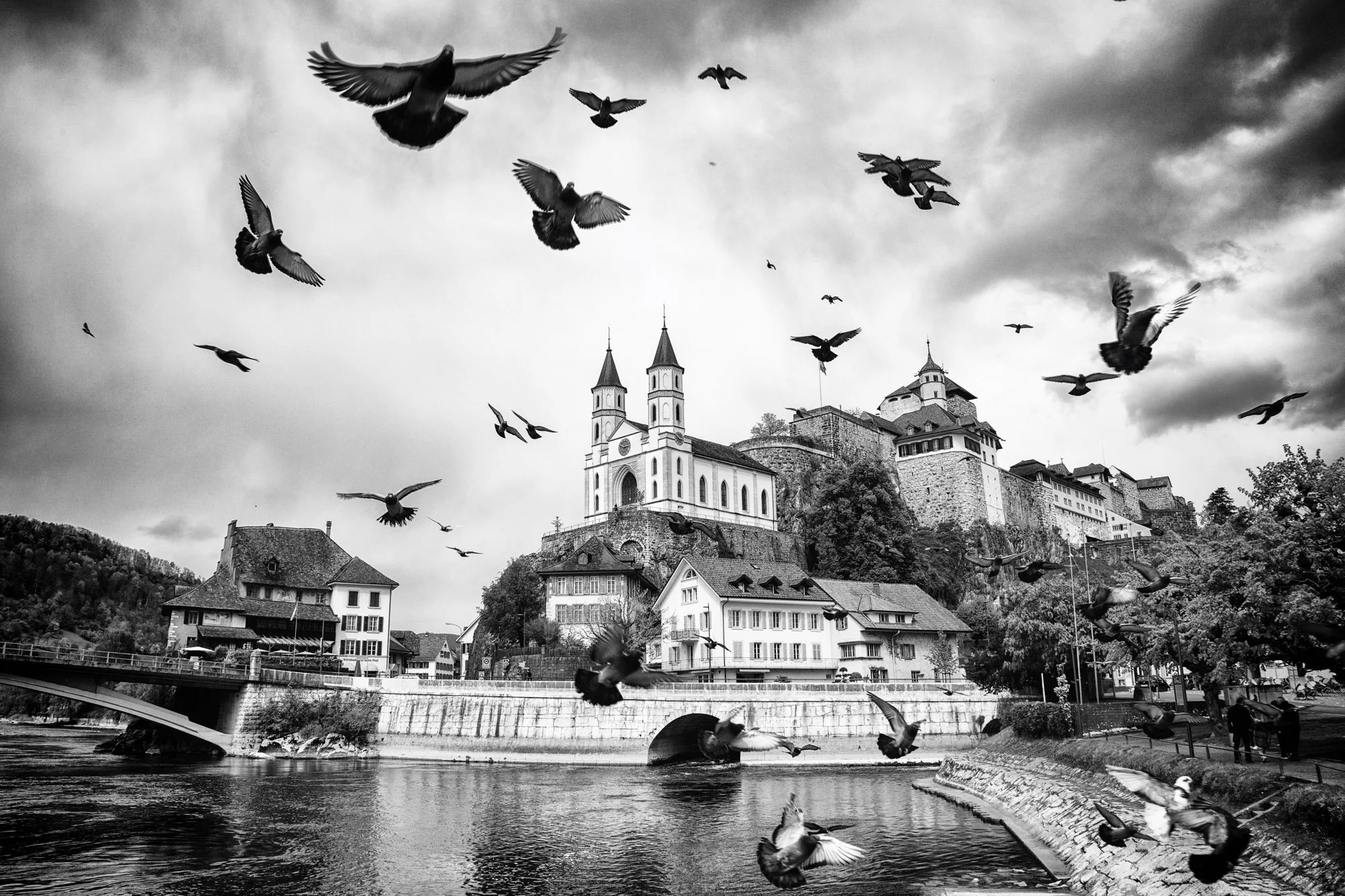 A black and white photo of a European town with houses at the foot of a hill. There are two church towers on the hilltop, a bridge over a river, and many pigeons flying in the sky.