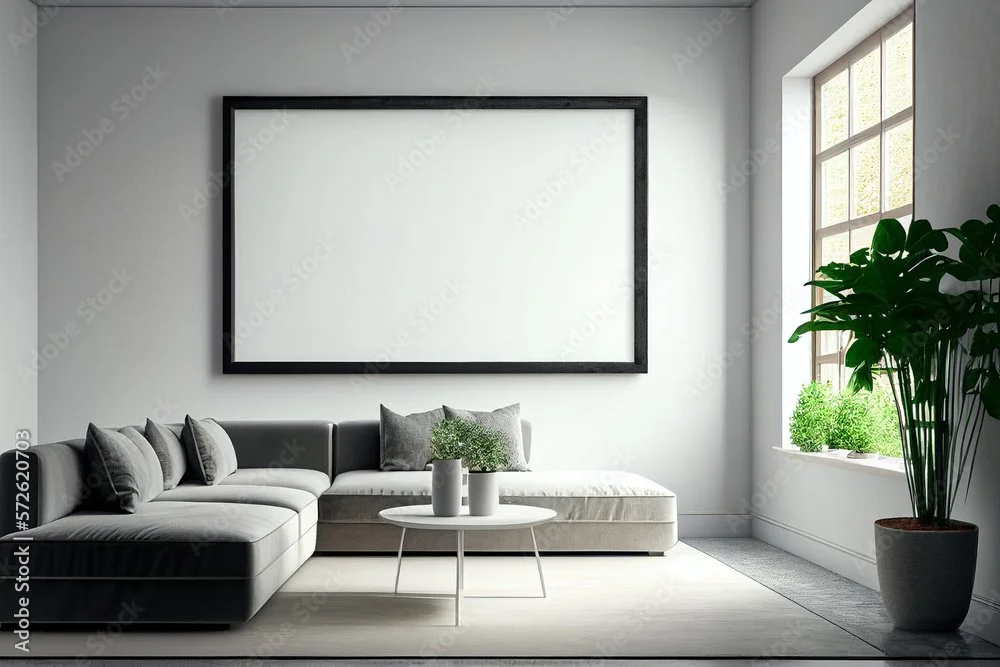 Modern living room with a black-framed blank whiteboard on a white wall, gray sectional sofa with gray cushions, white round coffee table with potted plants, and large window with green plants on the sill.