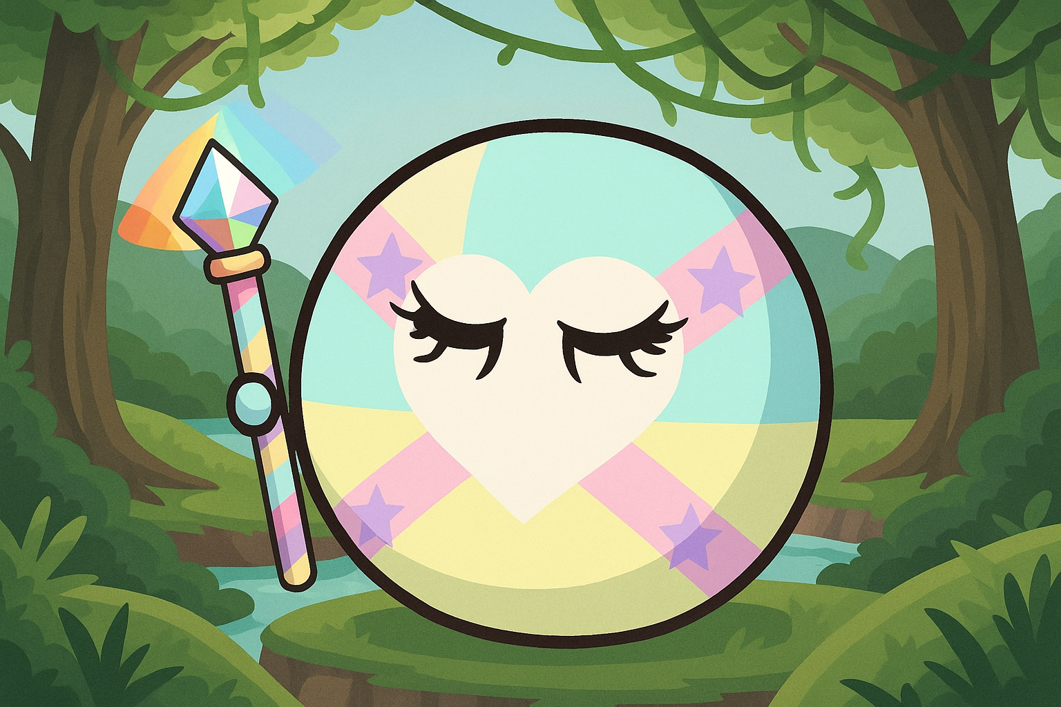 A cartoon illustration of a fairy-tale style mirror with a heart-shaped face and closed eyes with long eyelashes. The mirror's face has a pastel rainbow pattern and purple stars. It is holding a colorful magic wand with a diamond-shaped top. The mirror is situated in a lush green forest with dense trees and a small stream.
