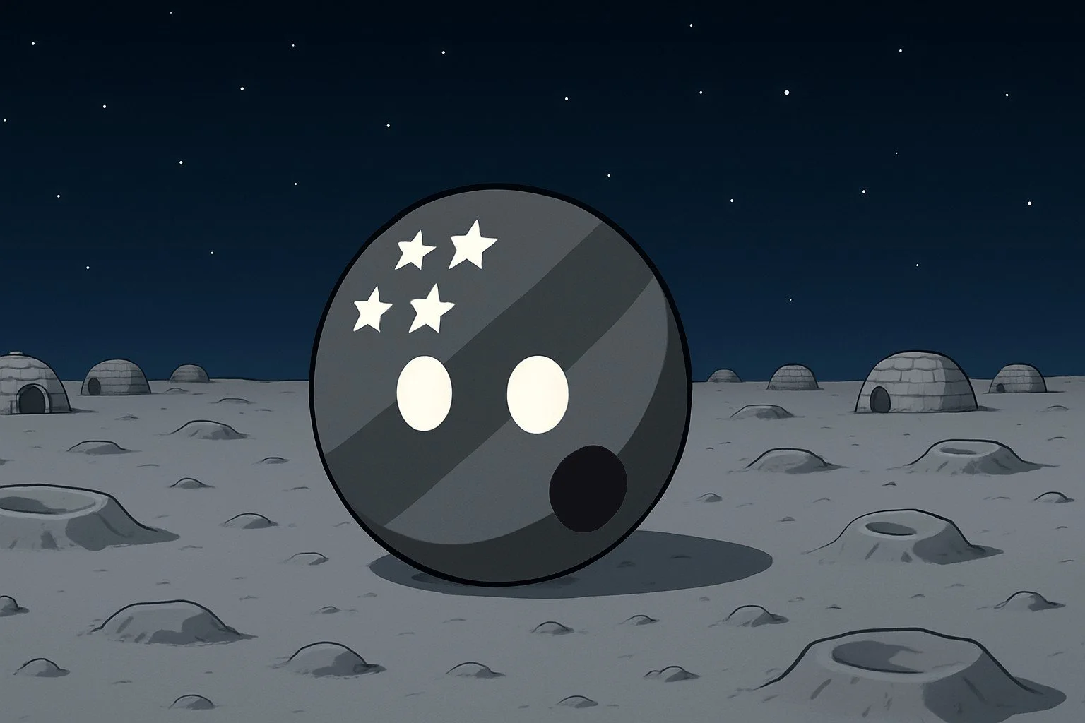 A cartoon moon with a skull face, white stars on its forehead, and large eye sockets, on a lunar landscape with igloo-shaped structures under a starry night sky.