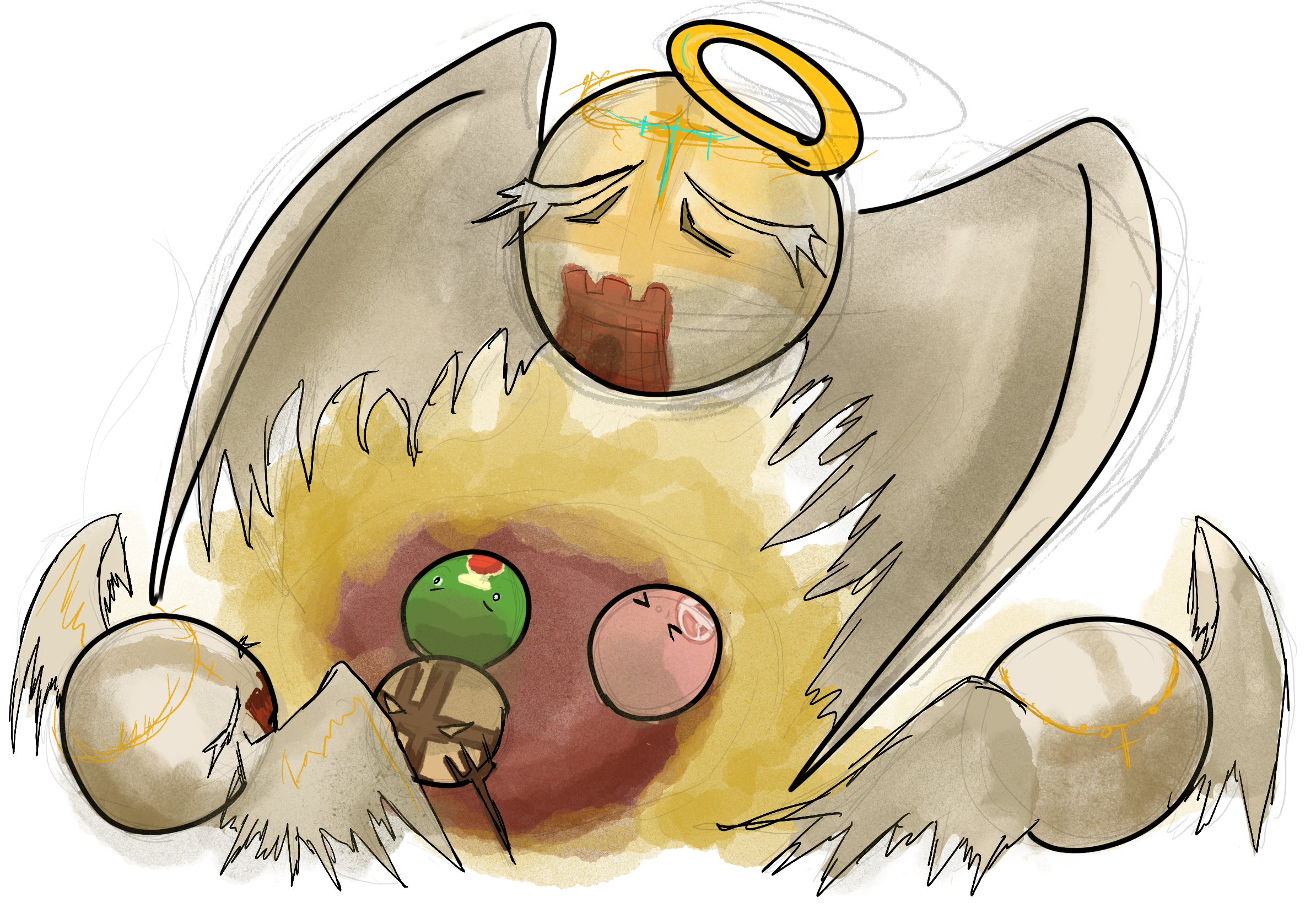 A cartoon angel with large wings and a halo, holding a blood-stained plate with three balls resembling food or game pieces, one green, one pink, and one brown, and crying with a sad expression.