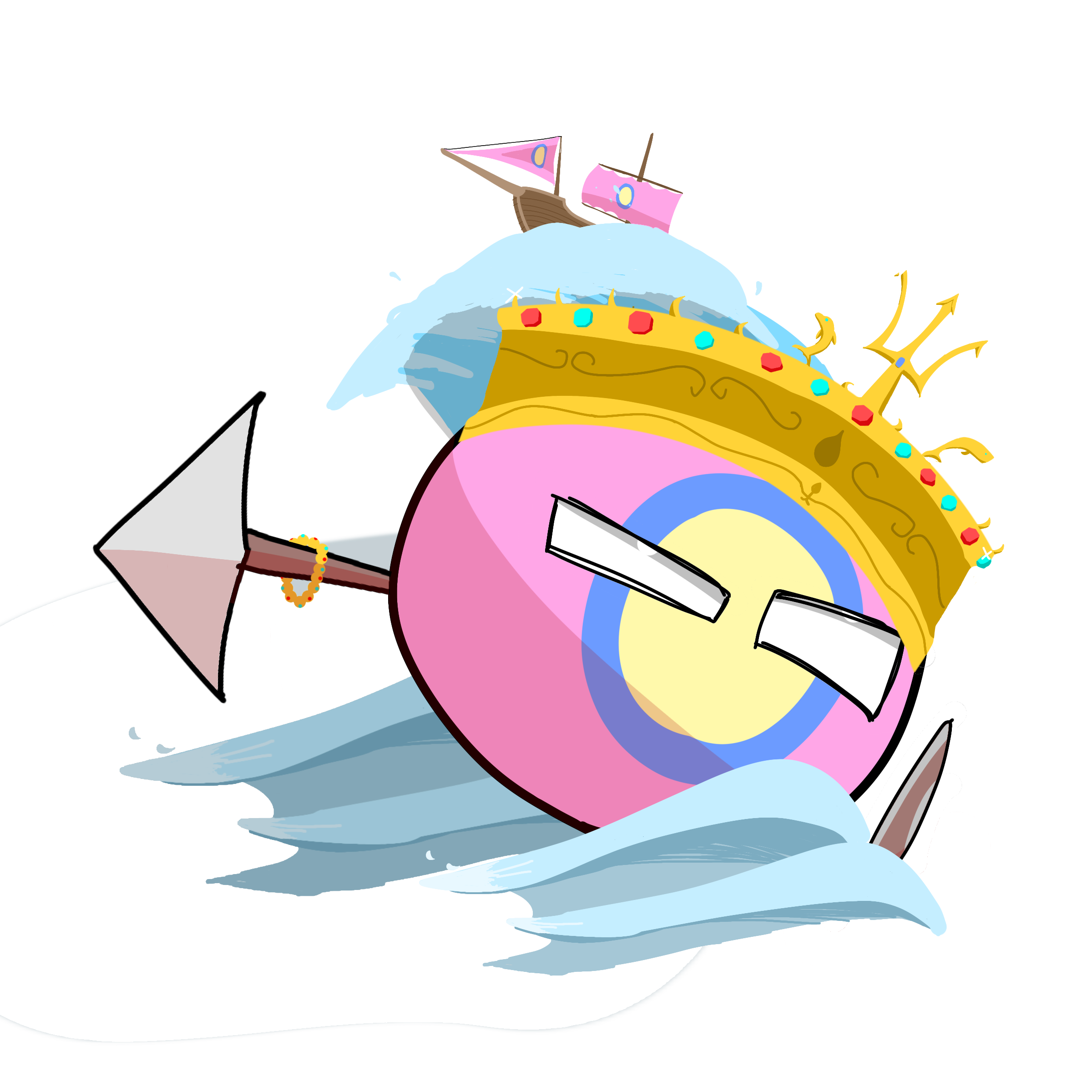 A digital illustration of a person's eye with pink, blue, and yellow colors, wearing glasses, surrounded by gold jewelry, with water splashing around, set against abstract geometric shapes and colors.