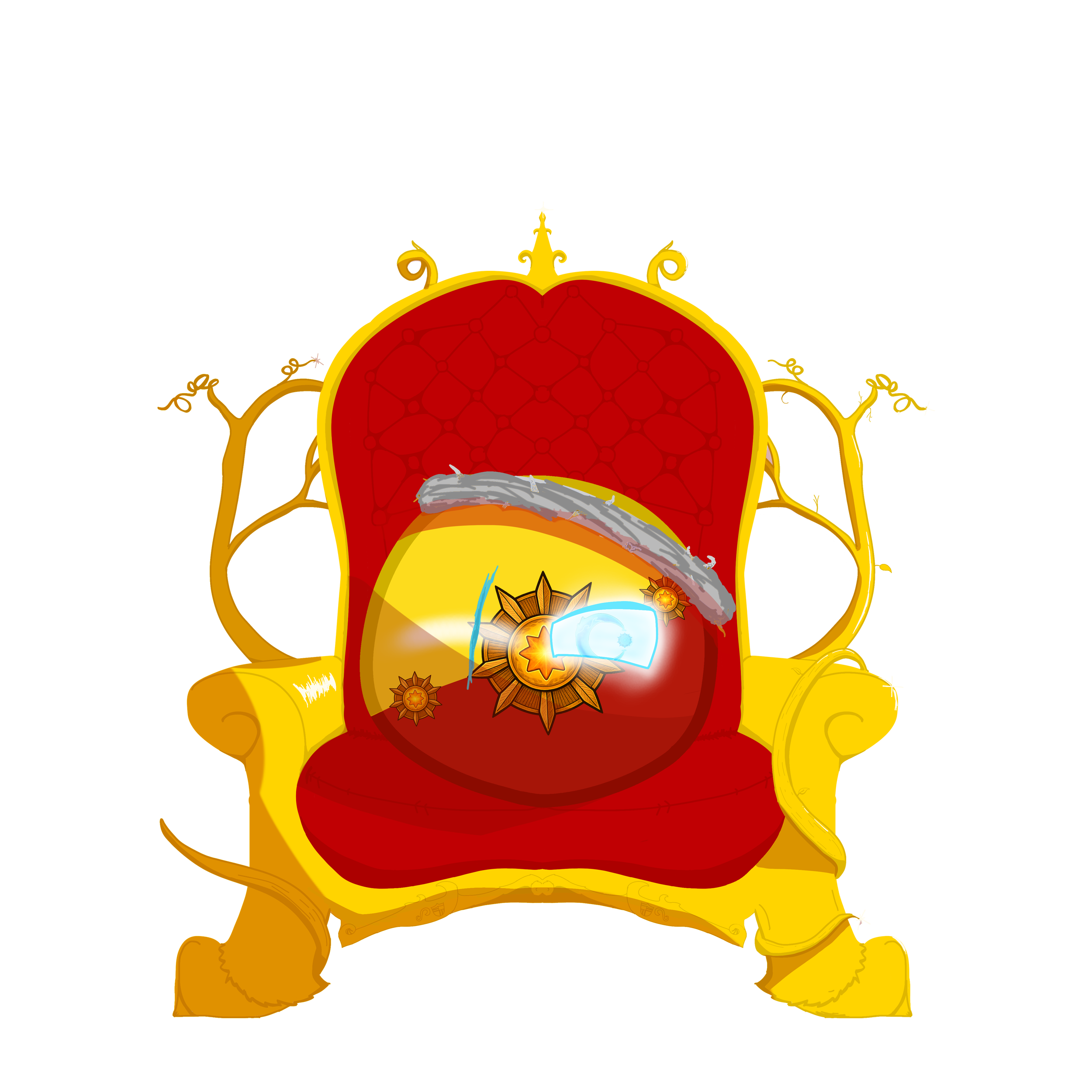 A colorful, animated throne with a red velvet cushion, gold ornate frame, and a shield with glowing elements resting on the seat.