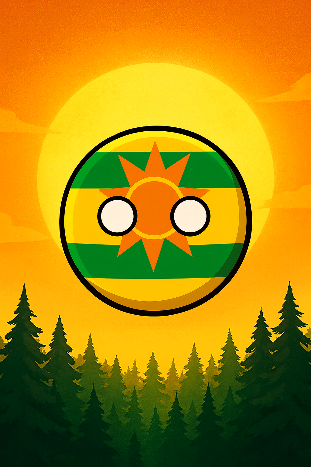A circular stylized logo with green and yellow stripes, an orange sun, and a star design, set against a background of a sunset with orange sky and pine trees.