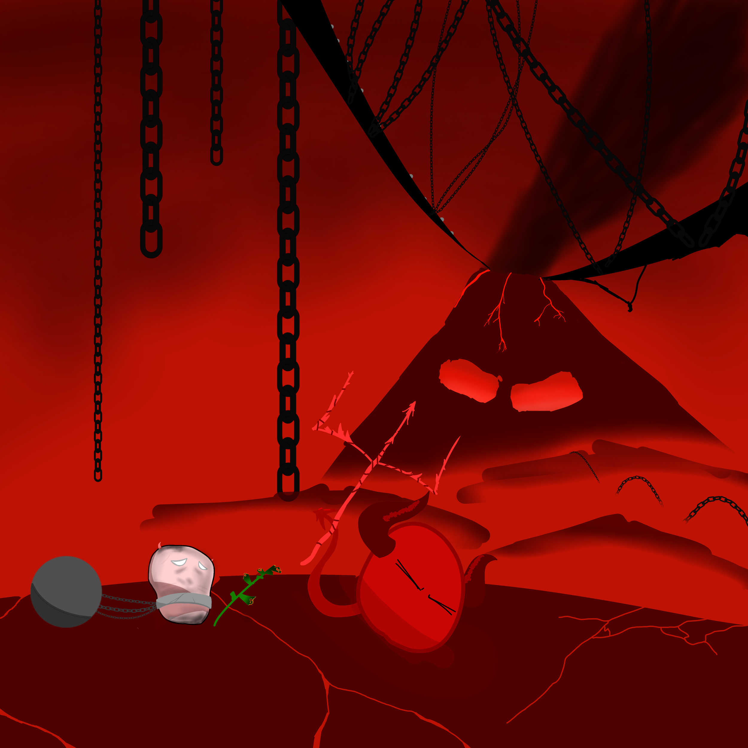 A dark, ominous scene with chains hanging from a large, ominous structure, a volcano erupting in the background with a skull-shaped crater, and a cracked, fiery ground. In the foreground, there is a broken, sad-looking rock with a chain attached, and a small green plant growing beside it.