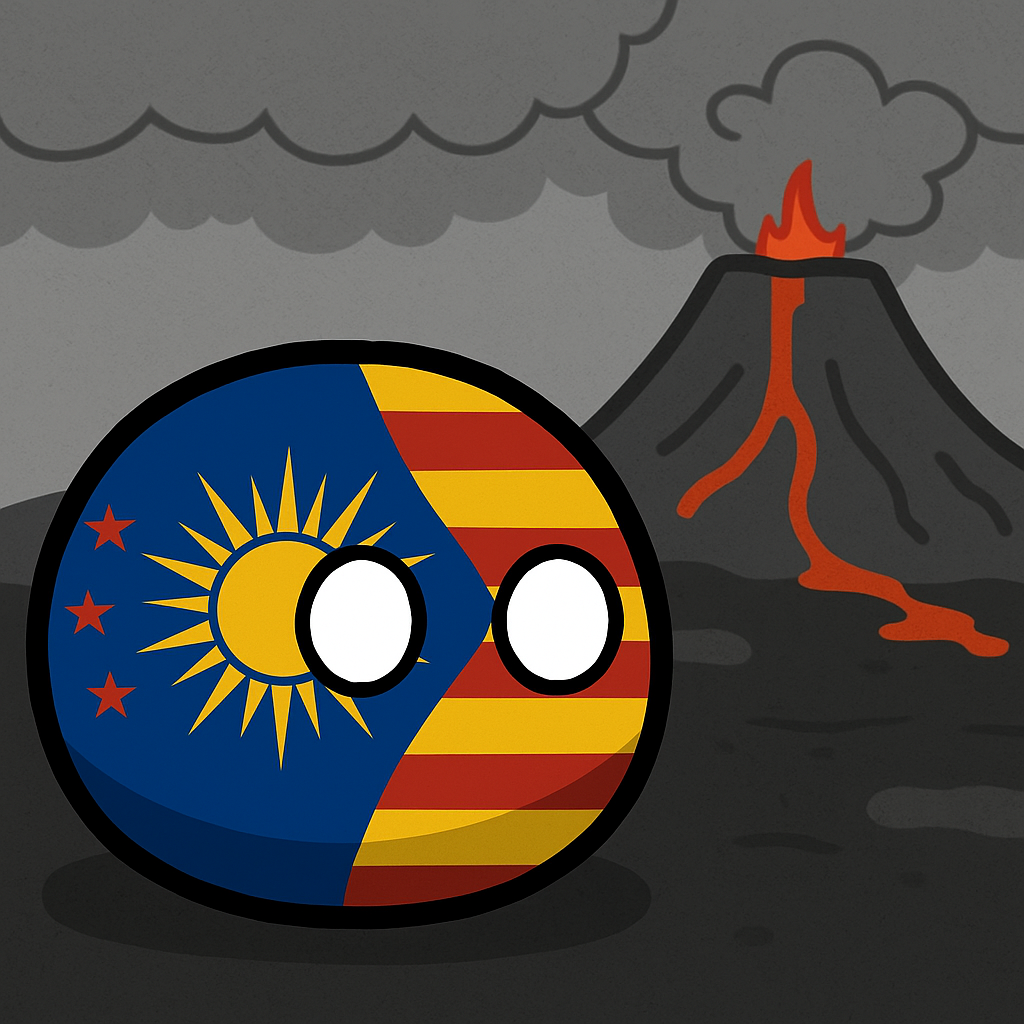 A cartoon depicition of a sphere with the flag of Namibia on it, in front of an erupting volcano with dark smoke in the background.