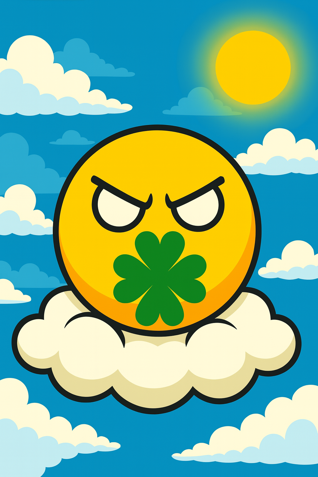A cartoon sun with an angry face holding a green four-leaf clover in its mouth, sitting on a cloud with a bright yellow sun in the sky surrounded by blue skies and clouds.