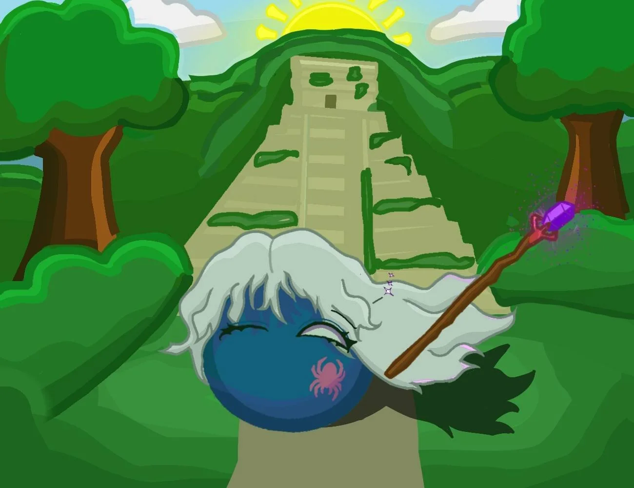 A cartoon-style illustration of a fantasy scene with a mound of hair with a face, holding a magic wand, lying on the ground in front of a stone staircase leading to a mountain with a sun rising behind it. There are trees and clouds in the background.