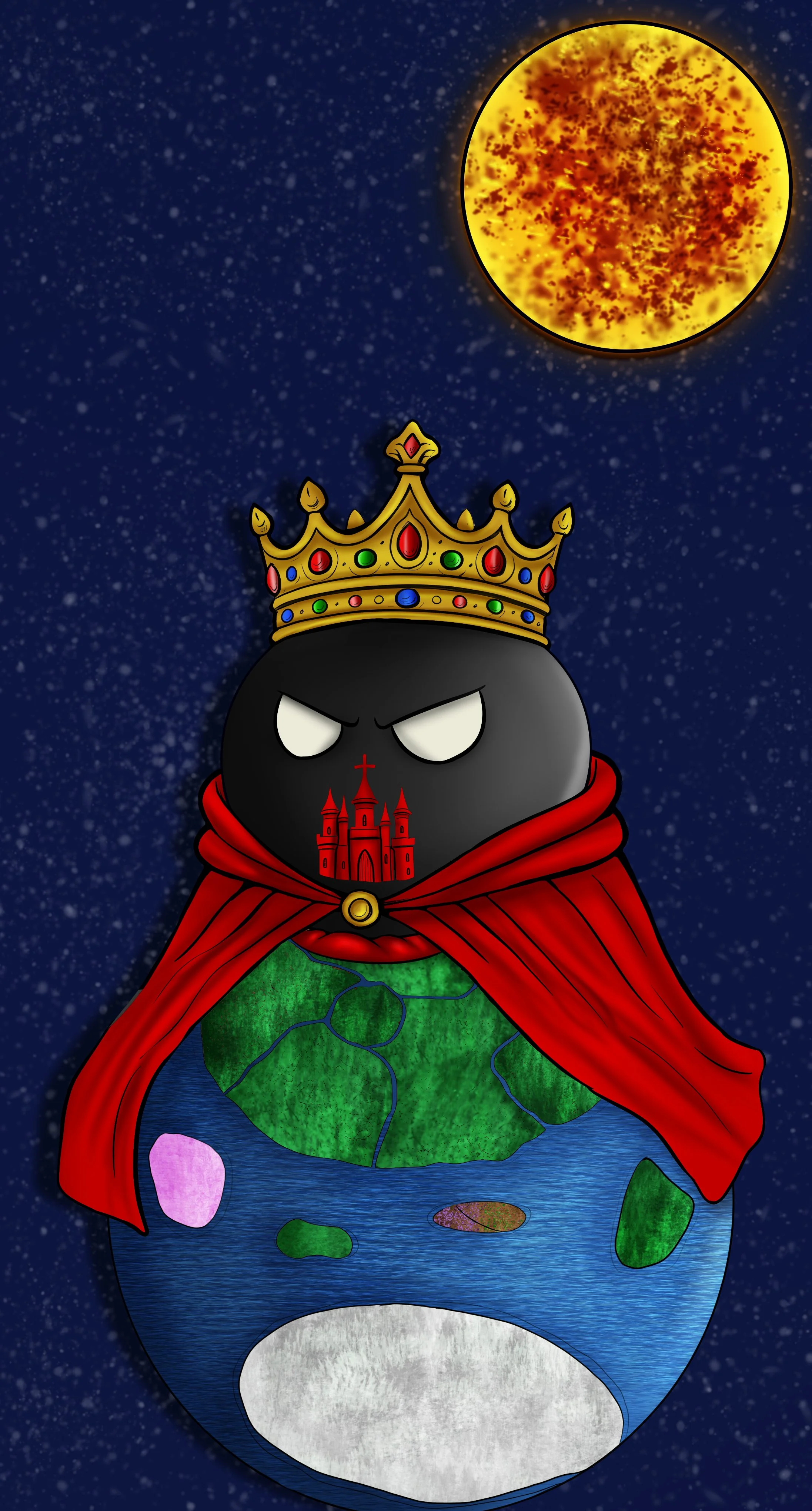 A cartoon planet Earth with a dark sphere face wearing a golden crown, red cape, and decorated with a small castle. In the sky, a large bright star or sun and a starry night background.