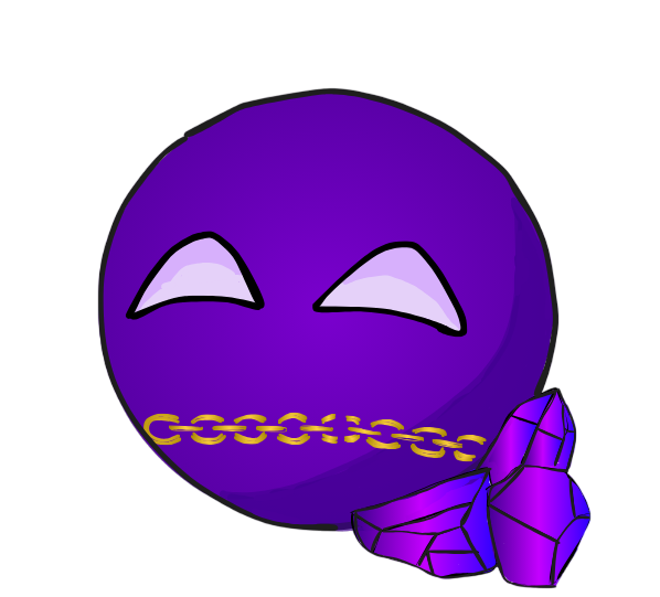 A purple, smiling, round emoji with closed eyes, wearing a gold chain and holding a purple gemstone.
