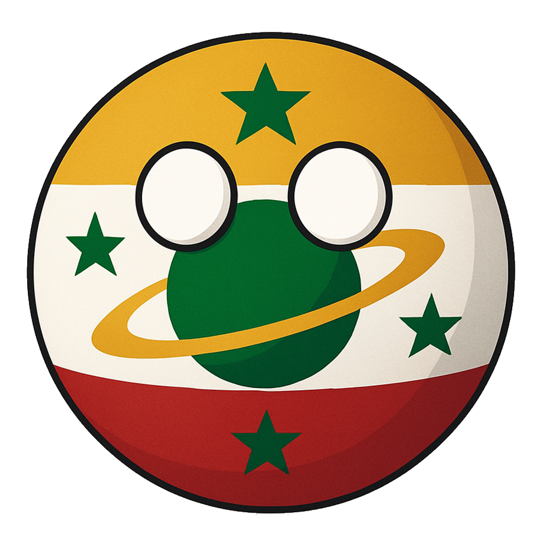 Round illustration resembling the California flag with a planet with rings in the center, surrounded by green stars, and featuring colors red, white, gold, and green.