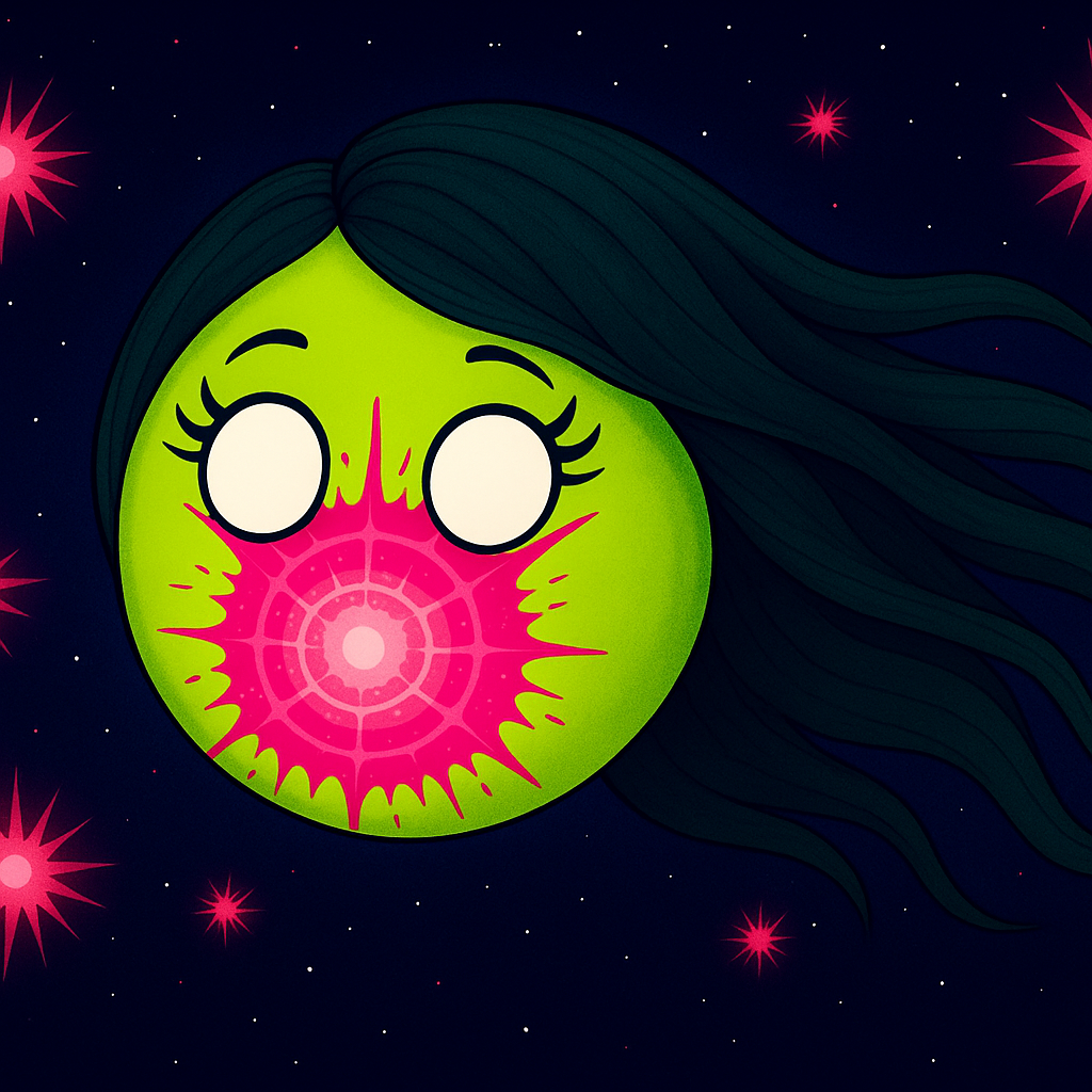 A cartoon-style depiction of a green planet with a face, featuring large white eyes, long eyelashes, and a pink, starburst pattern around its mouth, set against a starry night sky with pink stars and small white specks.
