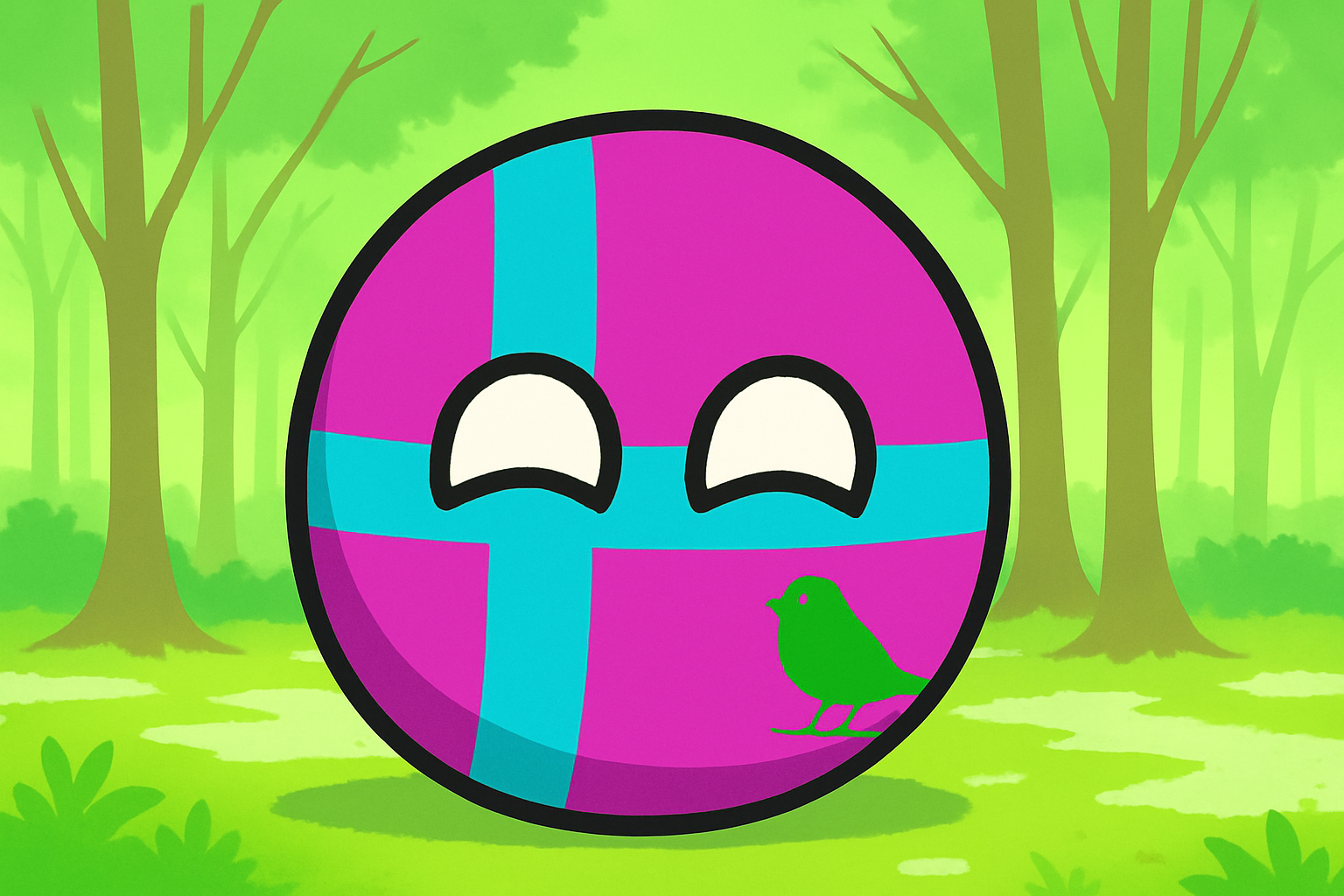 A colorful illustrated forest scene with a green background, trees, and foliage. A large, smiling, purple and blue circular face with closed eyes in the center, featuring a small green bird on its lower right side.