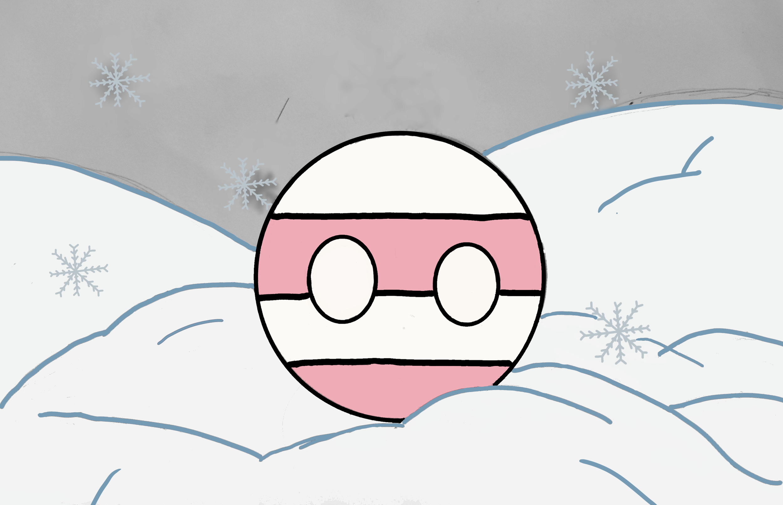 A pink and white striped Christmas ornament with sunglasses sitting on snow-covered hills at night, with snowflakes falling from the dark sky.