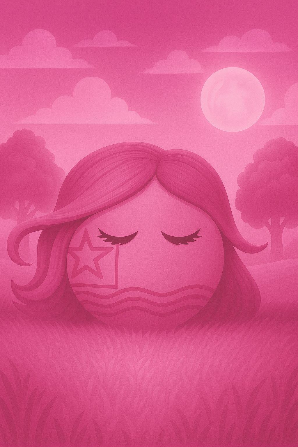 A stylized pink cartoon face of a girl with closed eyes, long hair, on a pink landscape background with trees, clouds, and a full moon.