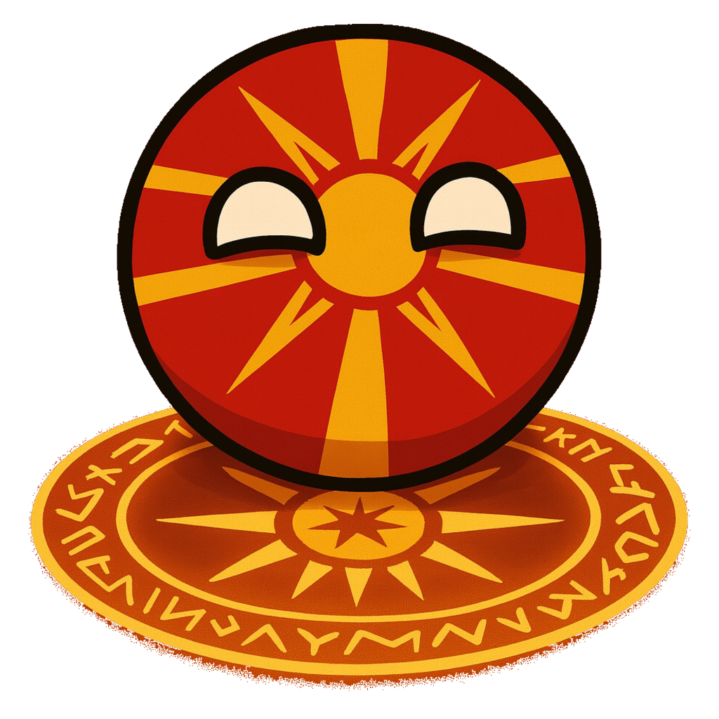 A cartoon sun with a smiling face and closed eyes, sitting on a circular yellow and red patterned surface with runic symbols.