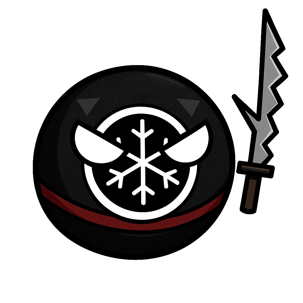 A cartoon face with a snowflake in the center, angry eyes, and holding a sword.