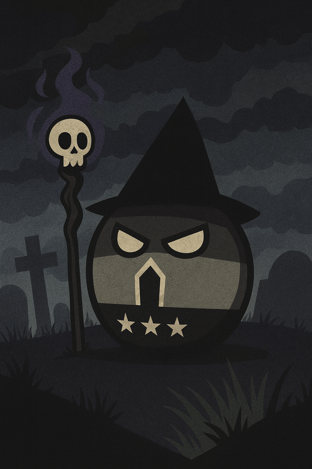 Dark cartoon skeleton wearing a witch hat, holding a staff with a skull on top, set in a graveyard with tombstones and dark, cloudy sky