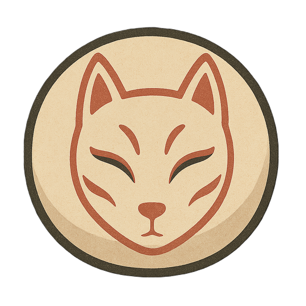 Stylized illustration of a fox's face with closed eyes, in warm tones on a circular background.