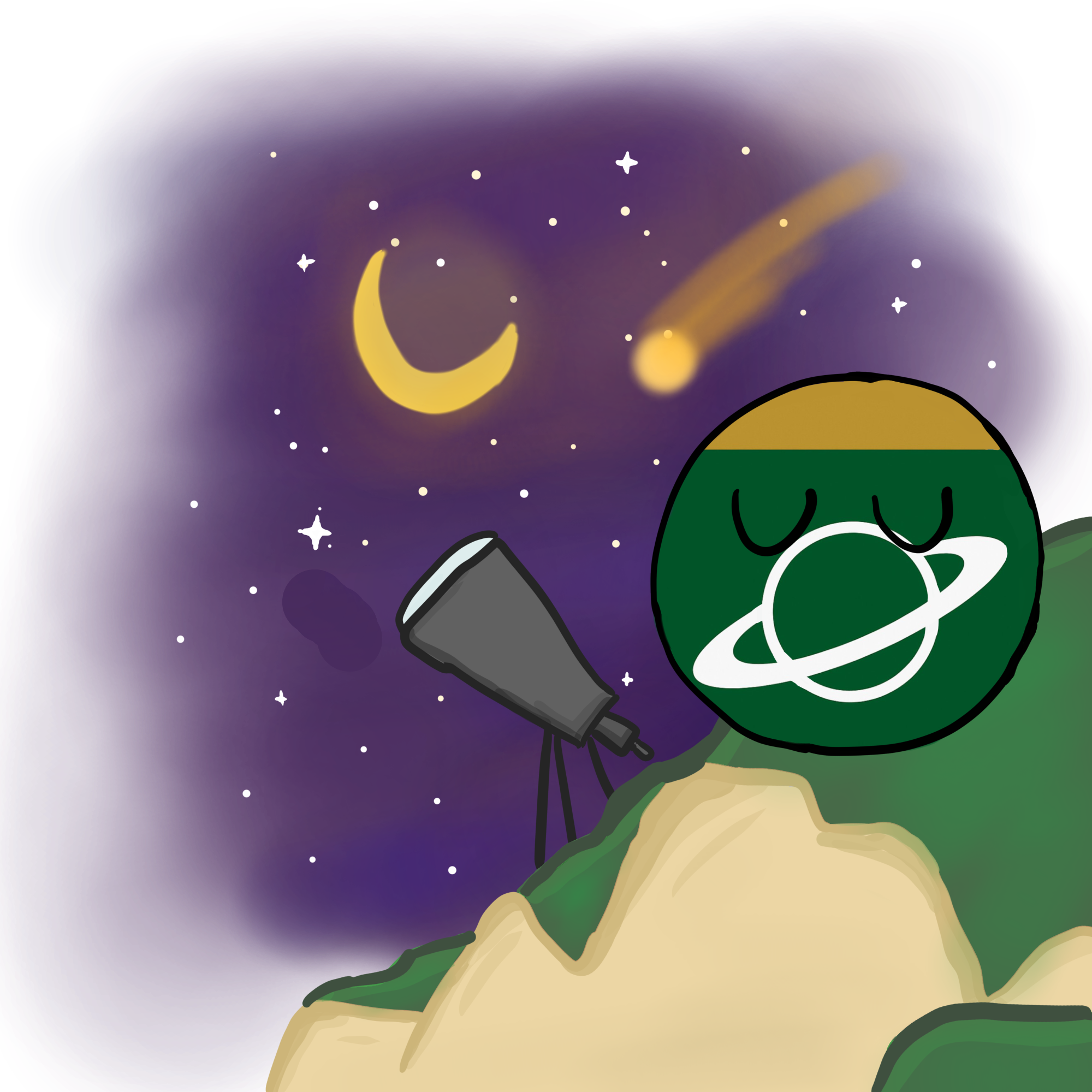 A cartoon planet with a happy face and ring, looking through a telescope at a night sky with stars, a crescent moon, a shooting star, and a glowing or bright object.