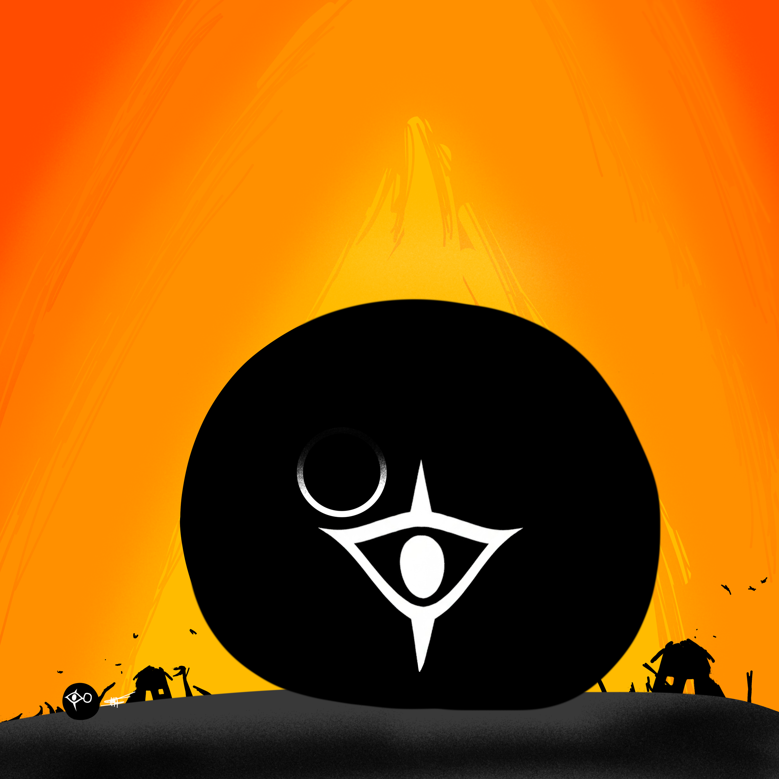 A large black spherical creature with a white, smiling face stands on a dark ground, with a fiery orange sky in the background. The creature has a small circle for an eye and a wide open mouth with a sharp point at the top.